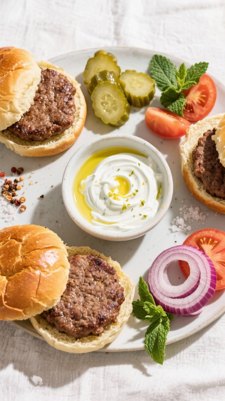 Tasty top view: Overhead shot of a build-your-own burger spread—open buns toasted golden, patties