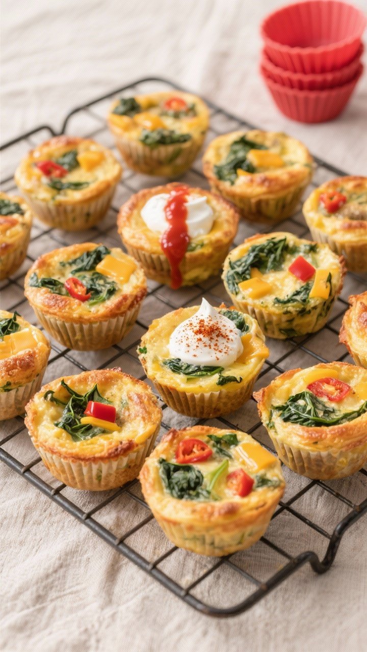Tasty top view: Overhead shot of a cooling rack filled with baked Mini Frittata Muffins, lightly puf