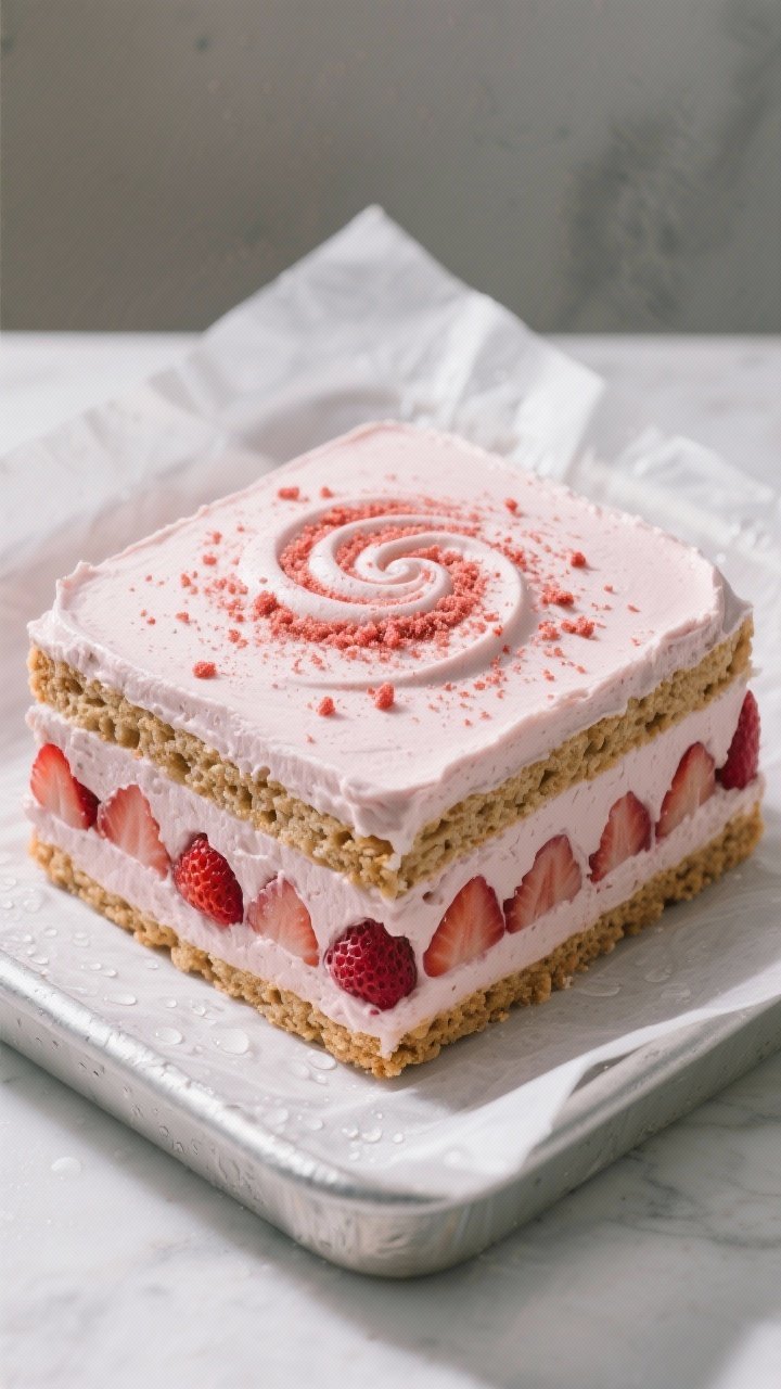 Tasty top view: Overhead shot of a freshly unmolded icebox-style ice cream cake in an 8x8, showing d