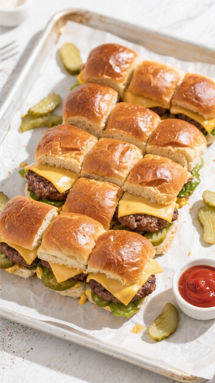 Tasty top view: Overhead shot of a full slab of assembled cheeseburger sliders on a parchment-lined