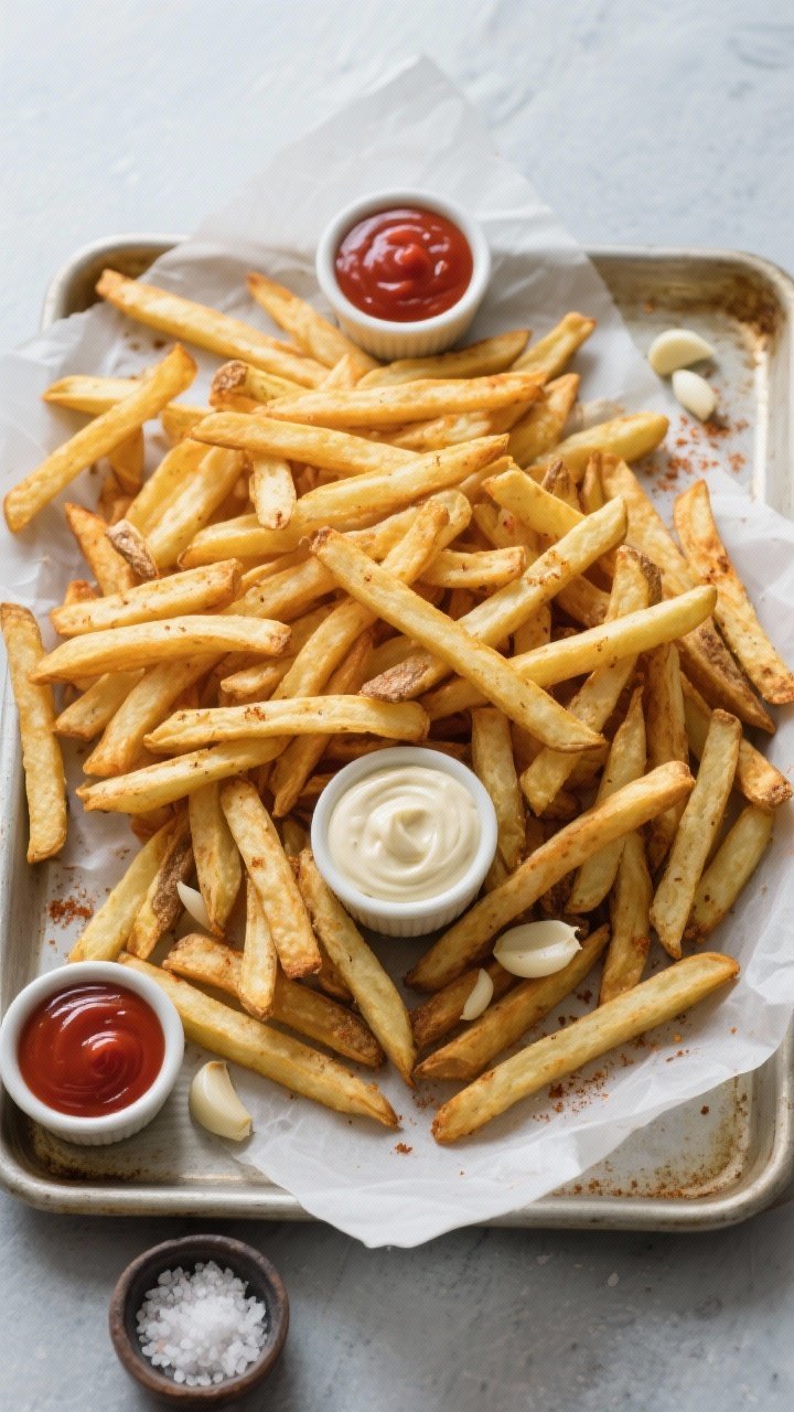Tasty top view: Overhead shot of a heaping pile of air fryer French fries on a parchment-lined sheet