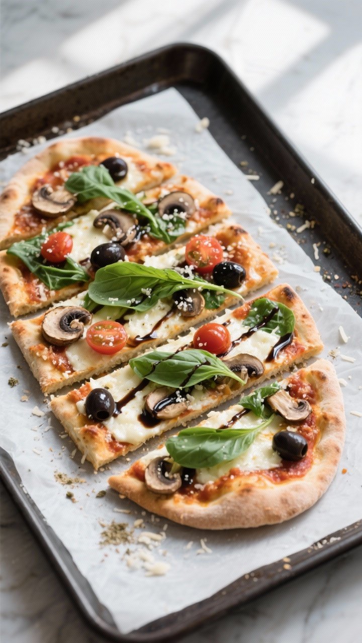 Tasty top view – Overhead shot of a just-sliced flatbread pizza on parchment over a dark sheet pan