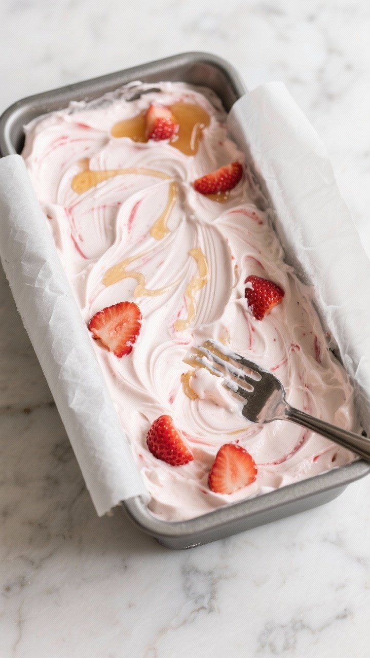 Tasty top view: Overhead shot of a loaf-pan no-churn batch mid-process after a stir, showing rippled
