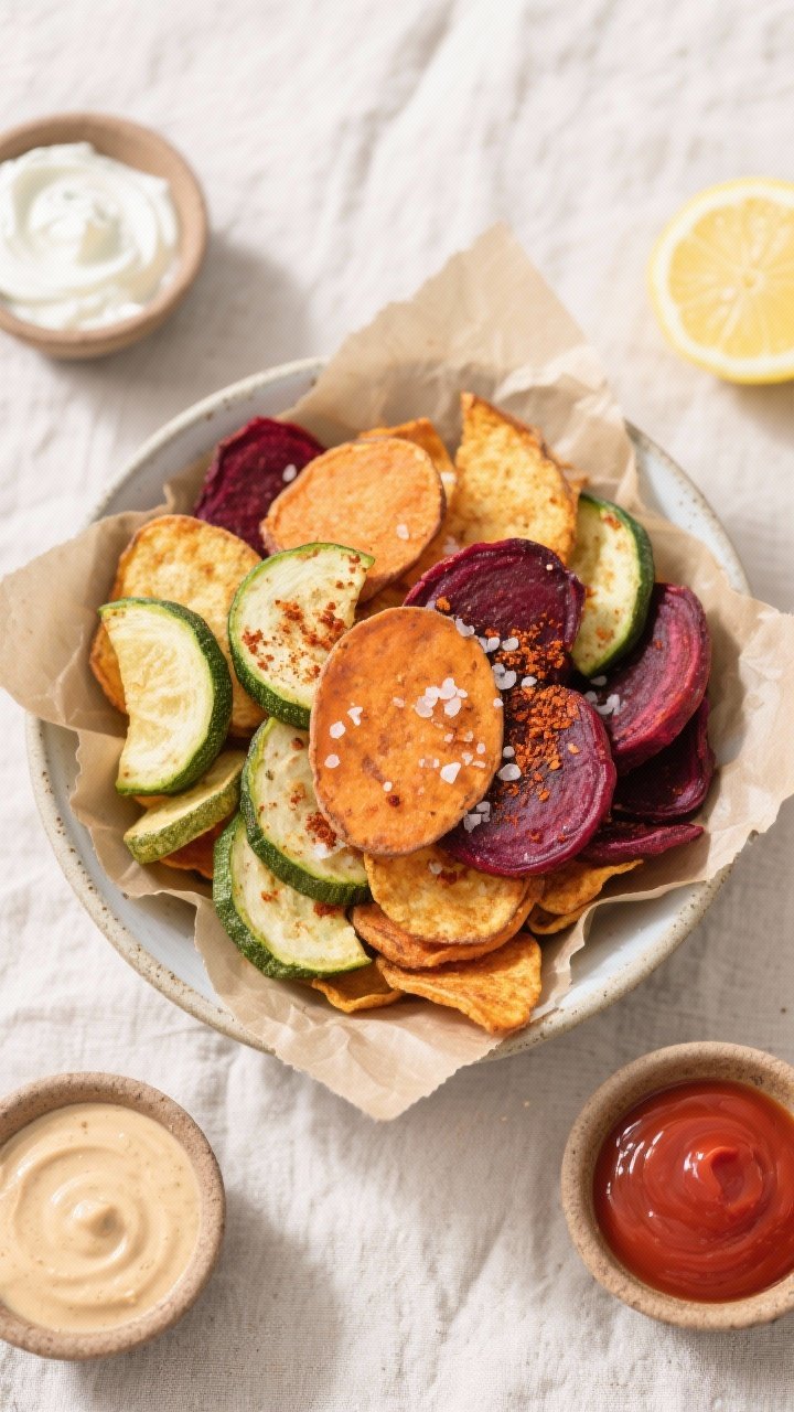 Tasty top view: Overhead shot of a mixed bowl of air-fryer veggie chips (zucchini, beets, sweet pota
