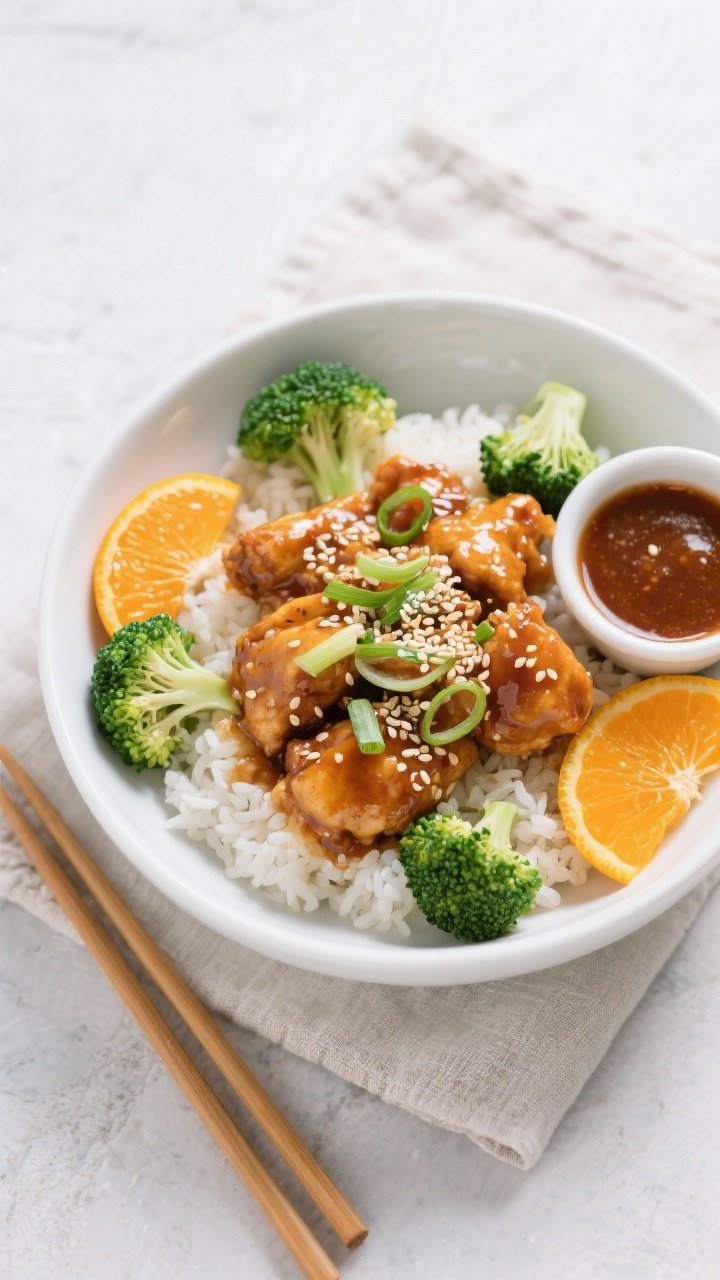 Tasty top view: Overhead shot of a modern bowl of orange chicken over fluffy jasmine rice, evenly co