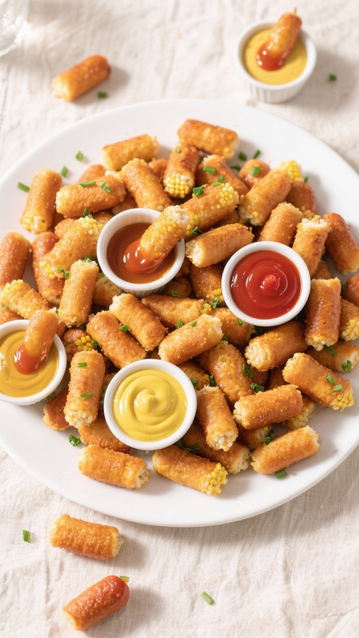 Tasty top view: Overhead shot of a party-ready platter piled with baked mini corn dog bites, uniform