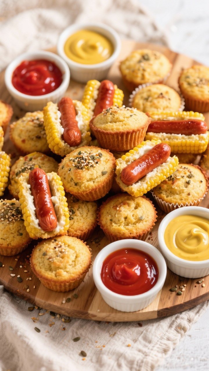 Tasty top view: Overhead shot of a party-style platter piled with corn dog muffin bites, some cut in