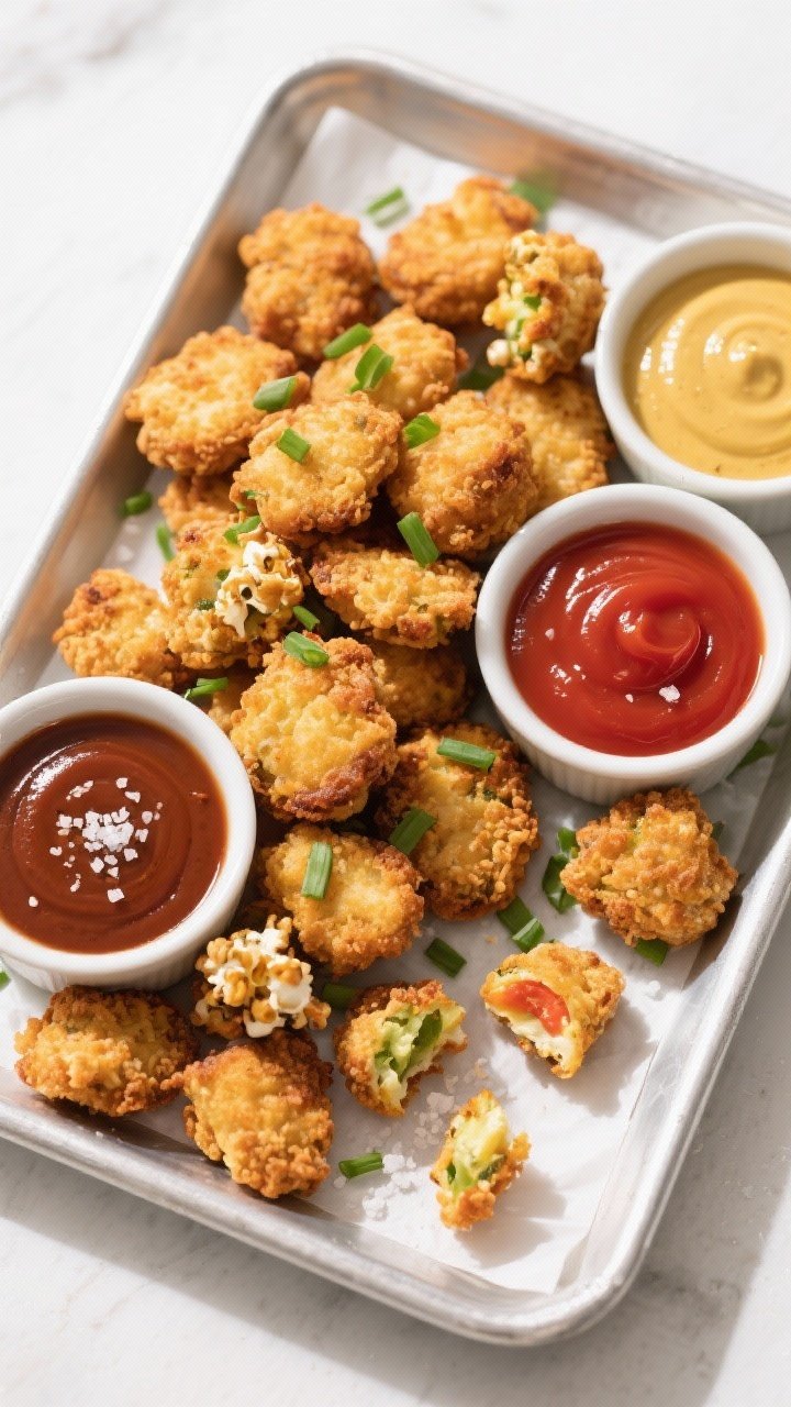 Tasty top view: Overhead shot of a platter of popcorn-chicken-sized veggie nuggets arranged in casua