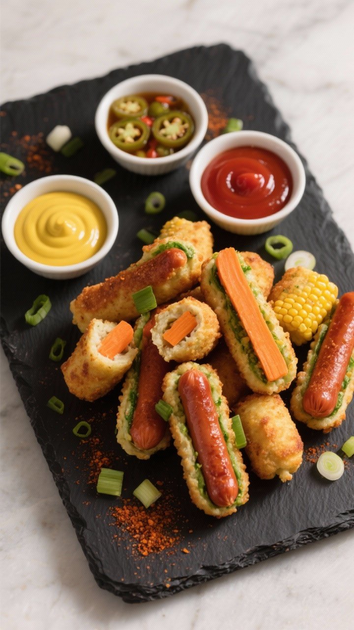 Tasty top view: Overhead shot of a platter of Veggie “Corn Dog” Bites arranged in a casual pile