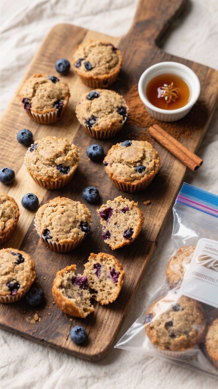 Tasty top view: Overhead shot of a rustic board scattered with baked whole-wheat blueberry mini muff