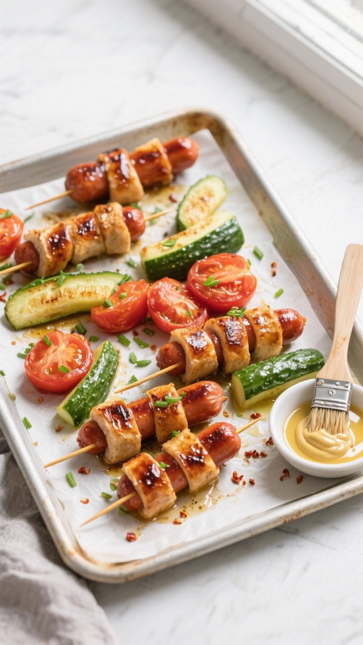 Tasty top view: Overhead shot of a sheet pan batch, oven-roasted bun-less hot dog skewers at 425°F,