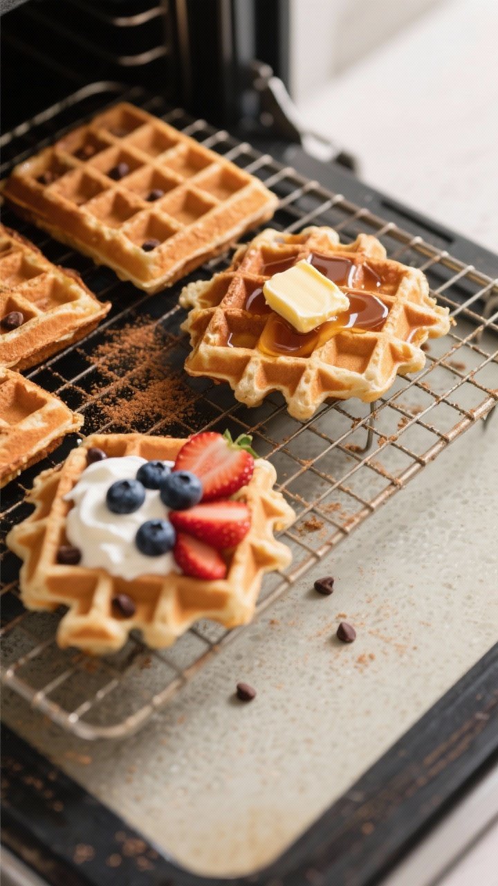 Tasty top view: Overhead shot of a wire rack in a 200°F-oven setup on a countertop, several cooked 