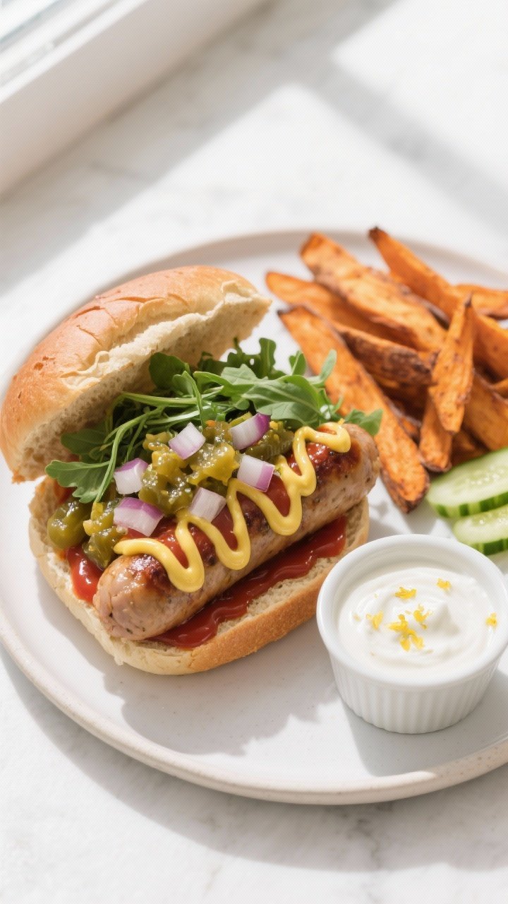 Tasty top view: Overhead shot of assembled chicken sausage in a toasted whole-wheat bun, topped with