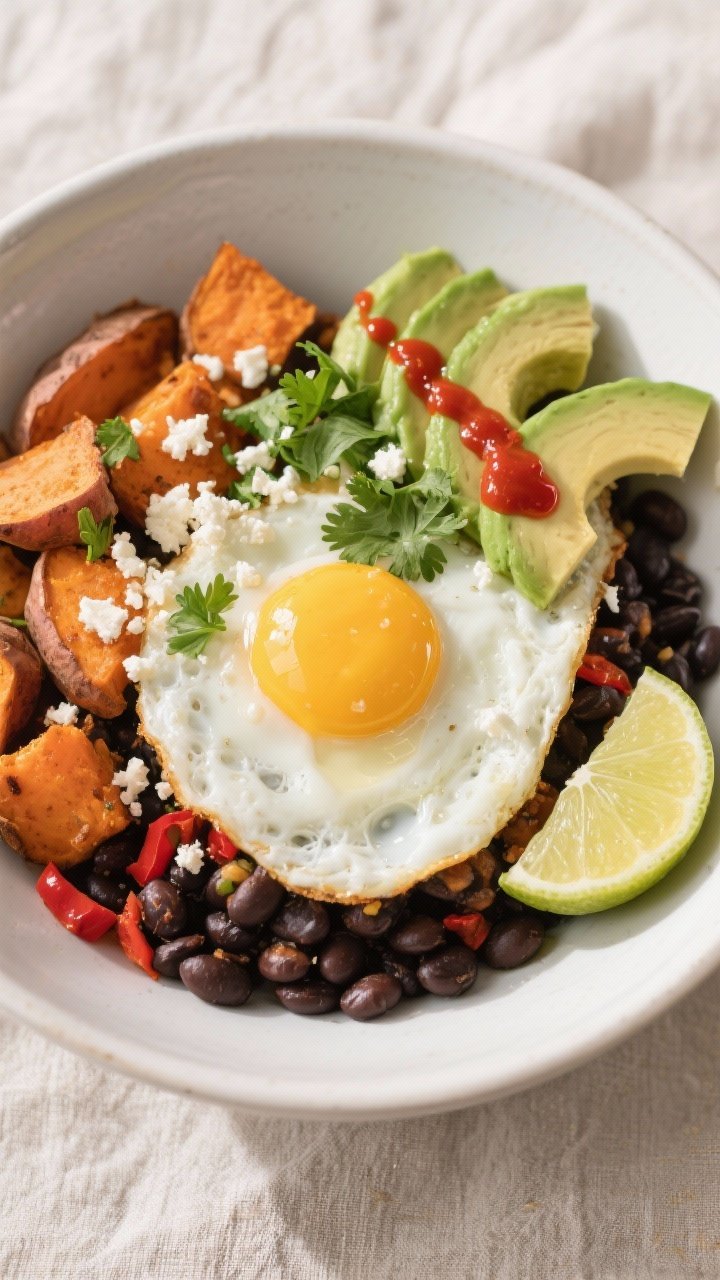 Tasty top view: Overhead shot of assembled Sweet Potato & Black Bean Breakfast Bowl, topped with a s