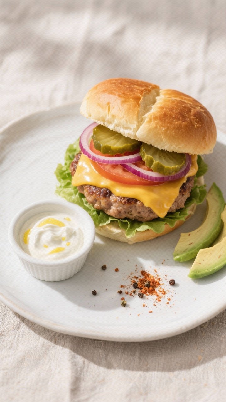 Tasty top view: Overhead shot of assembled turkey burger on a lightly toasted brioche bun, patty top