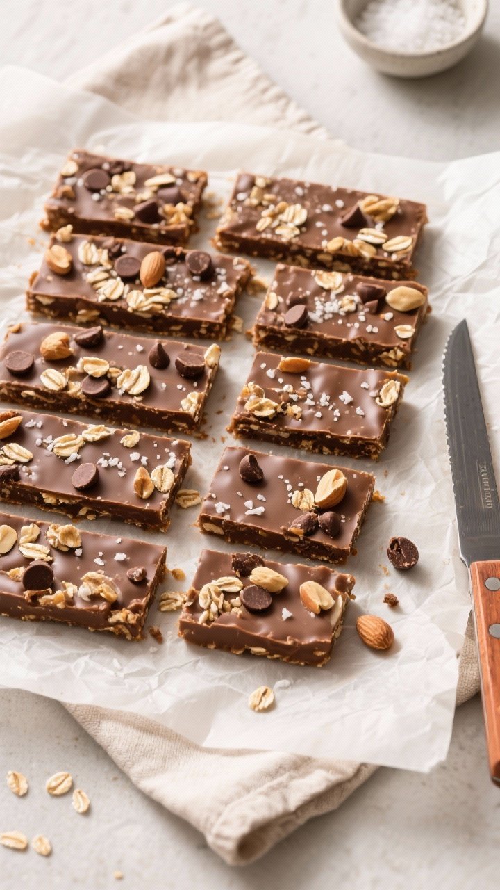 Tasty top view: Overhead shot of chilled, cleanly sliced PB Chocolate Classic bars arranged in a tid