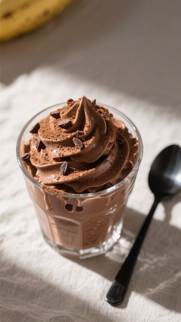 Tasty top view: Overhead shot of chocolate banana nice cream served Frosty-style in a chilled glass,