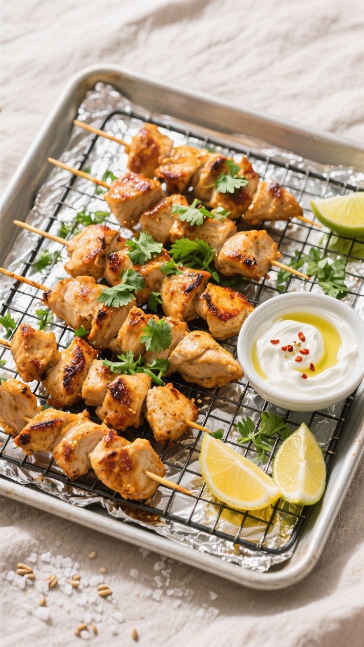 Tasty top view: Overhead shot of finished chicken skewers on a wire rack over a foil-lined sheet pan