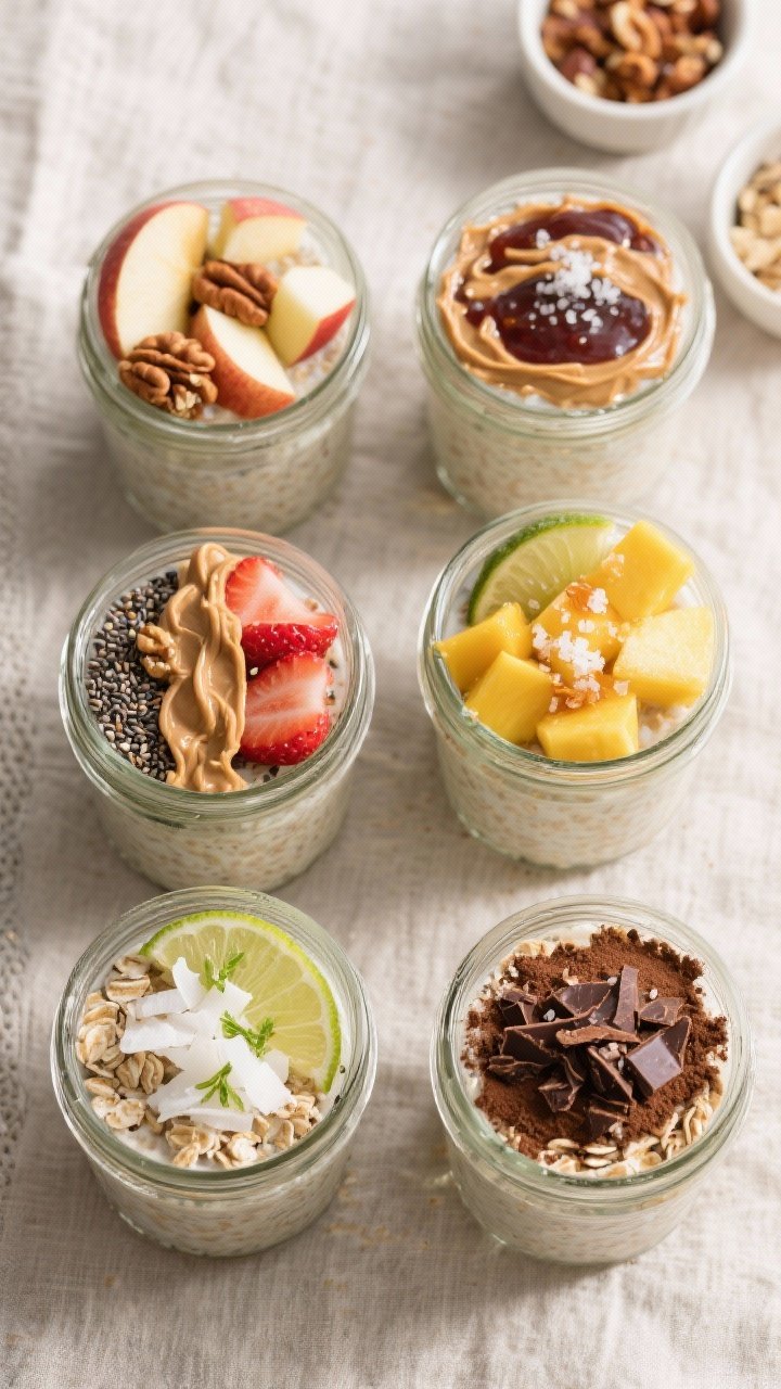 Tasty top view: Overhead shot of four assembled Overnight Oats Power Jars in a grid, each a differen
