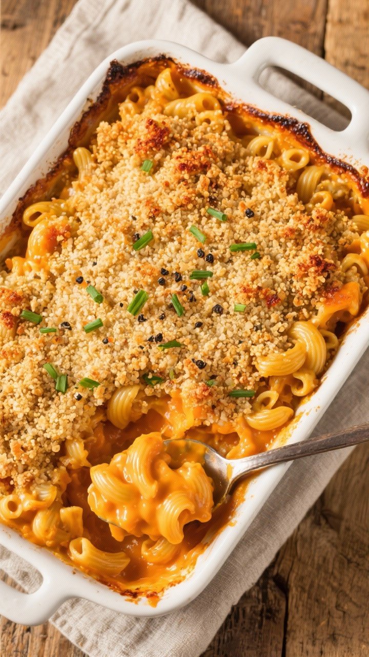Tasty top view: Overhead shot of just-baked butternut squash mac and cheese in a 9x13 dish with a de