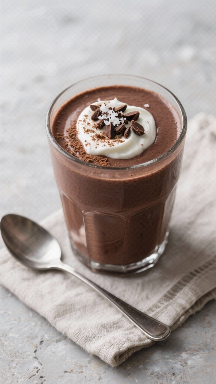 Tasty top view: Overhead shot of the finished chocolate smoothie in a wide-mouth glass, thick and sp