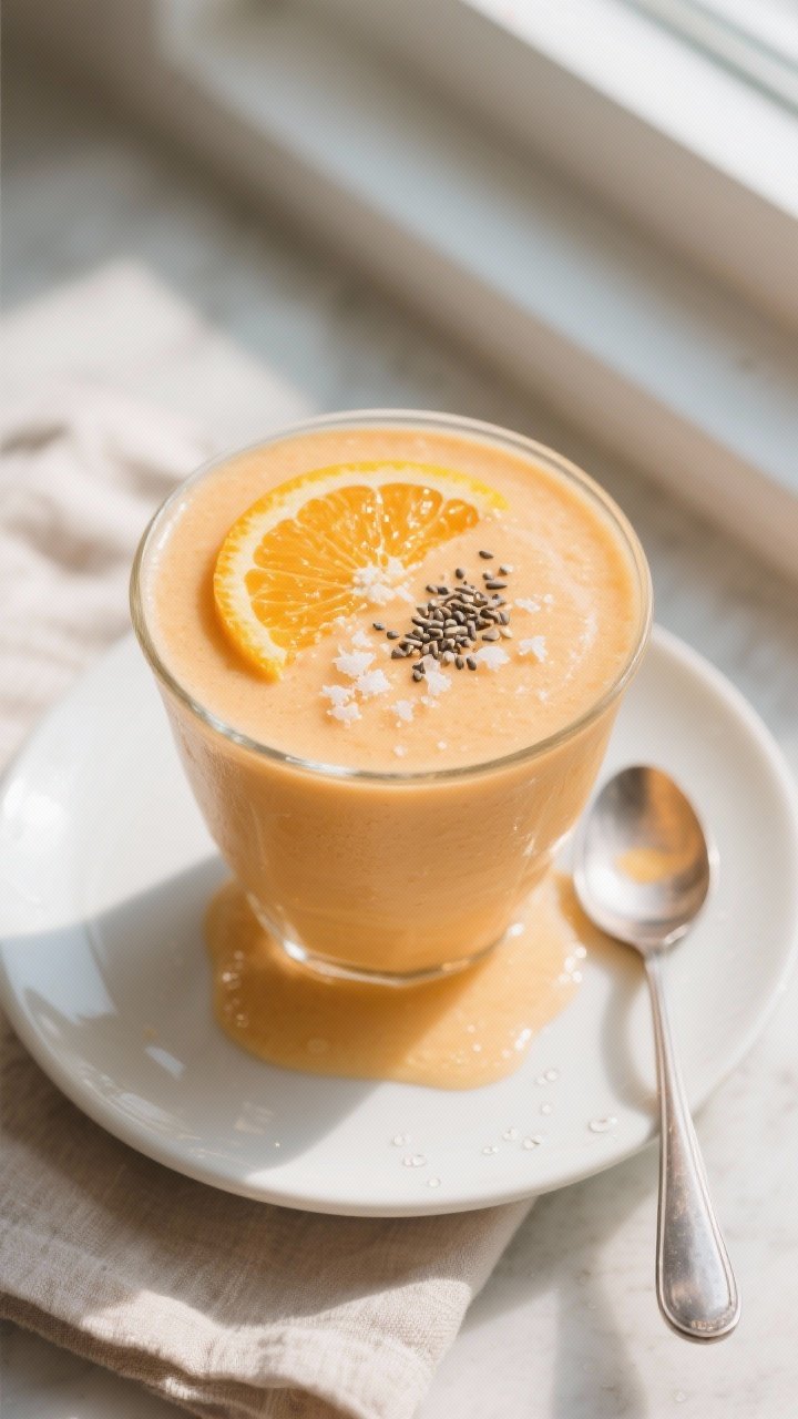 Tasty top view: Overhead shot of the finished Orange Creamsicle Smoothie in a wide, low tumbler, thi
