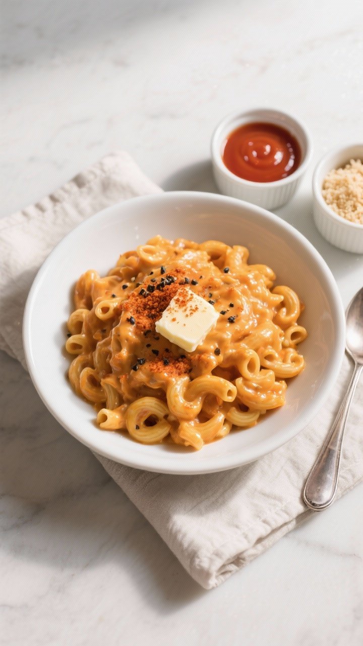 Tasty top view: Overhead shot of the finished sweet potato mac and cheese in a wide, shallow white b