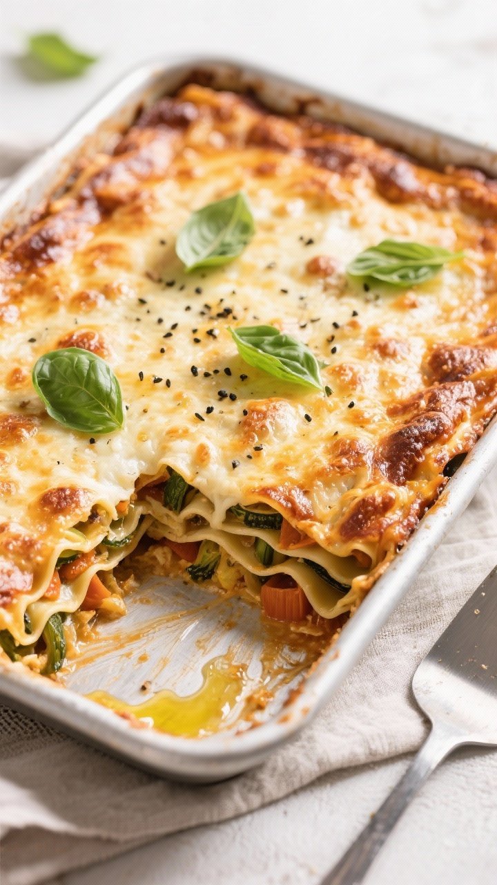 Tasty top view: Overhead shot of the full 9x13 pan of Easy Veggie Lasagna resting after baking—che