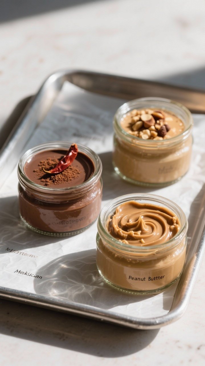 Tasty top view: Overhead shot of three variations of the mousse in small jars arranged on a parchmen