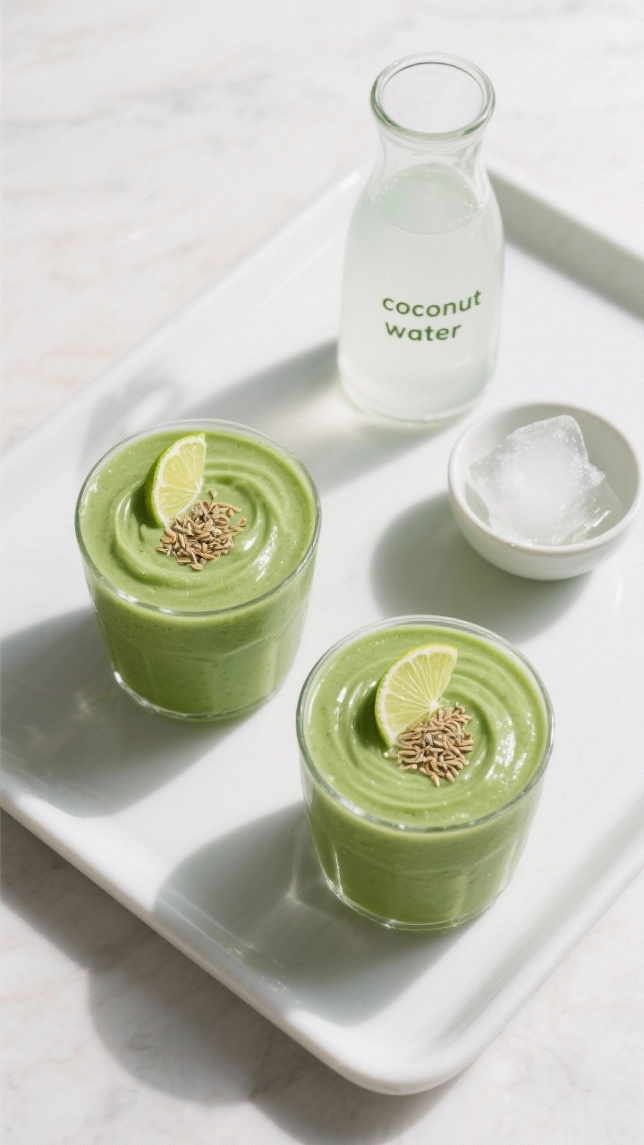 Tasty top view: Overhead shot of two finished green smoothies on a matte white tray, creamy and thic