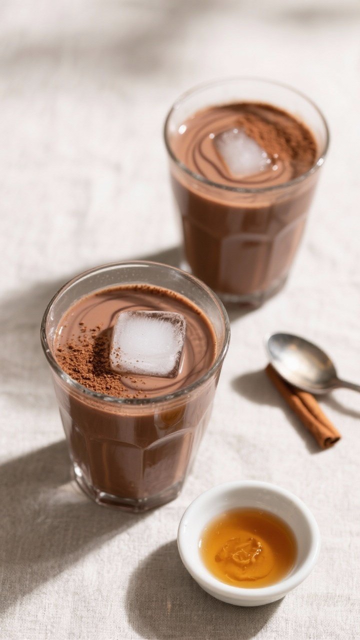 Tasty top view: Overhead shot of two tumblers filled with creamy, dark Dutch-process chocolate milk