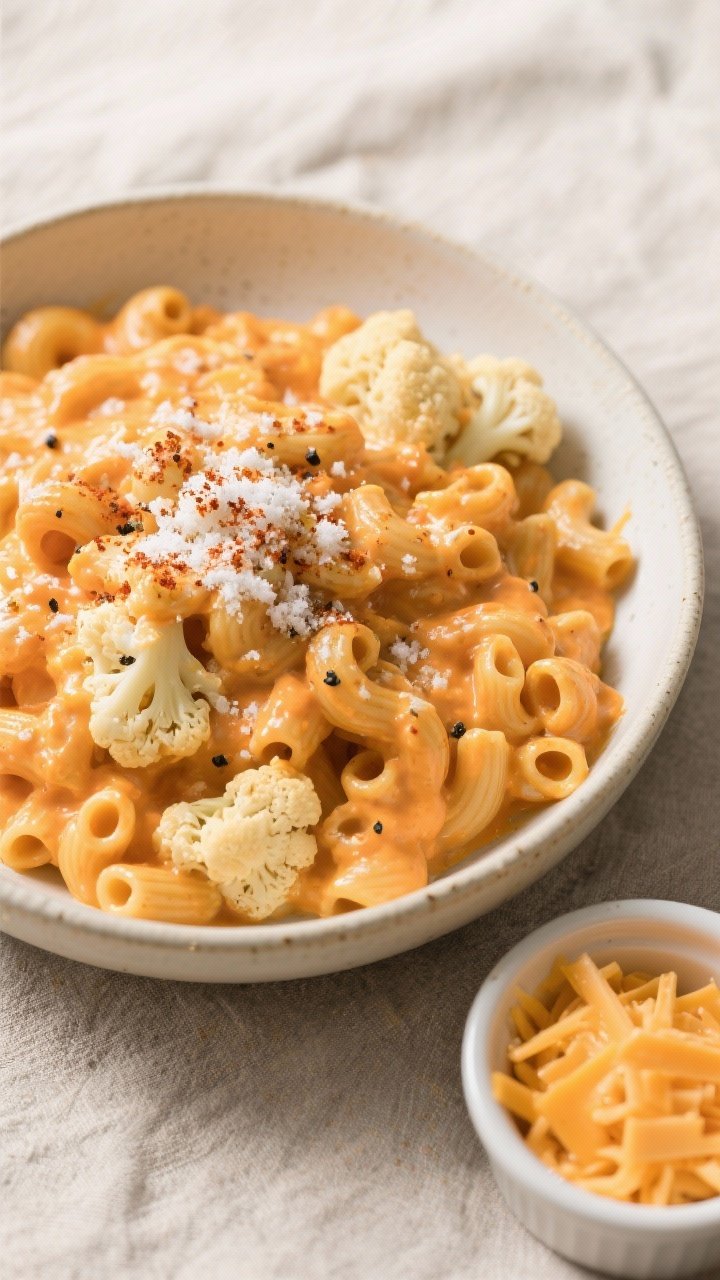 Tasty top view: Overhead shot of ultra creamy cauliflower mac and cheese folded with elbow macaroni,