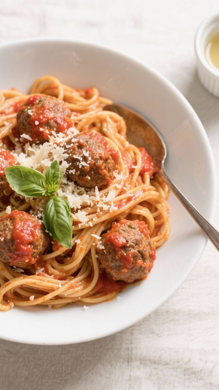 Tasty top view: Overhead shot of whole-wheat spaghetti tossed in the bright tomato sauce until gloss