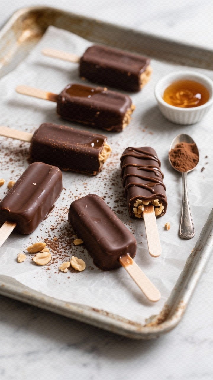 Tasty top view, overhead shot: Unmolded fudge pops arranged on a parchment-lined sheet pan, ultra-sm