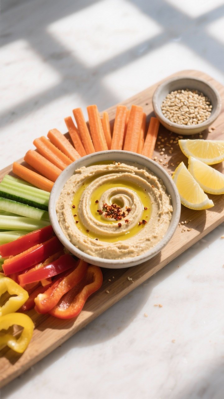 Tasty top view: Overhead snack board scene featuring a central bowl of hummus with perfect swirl, dr