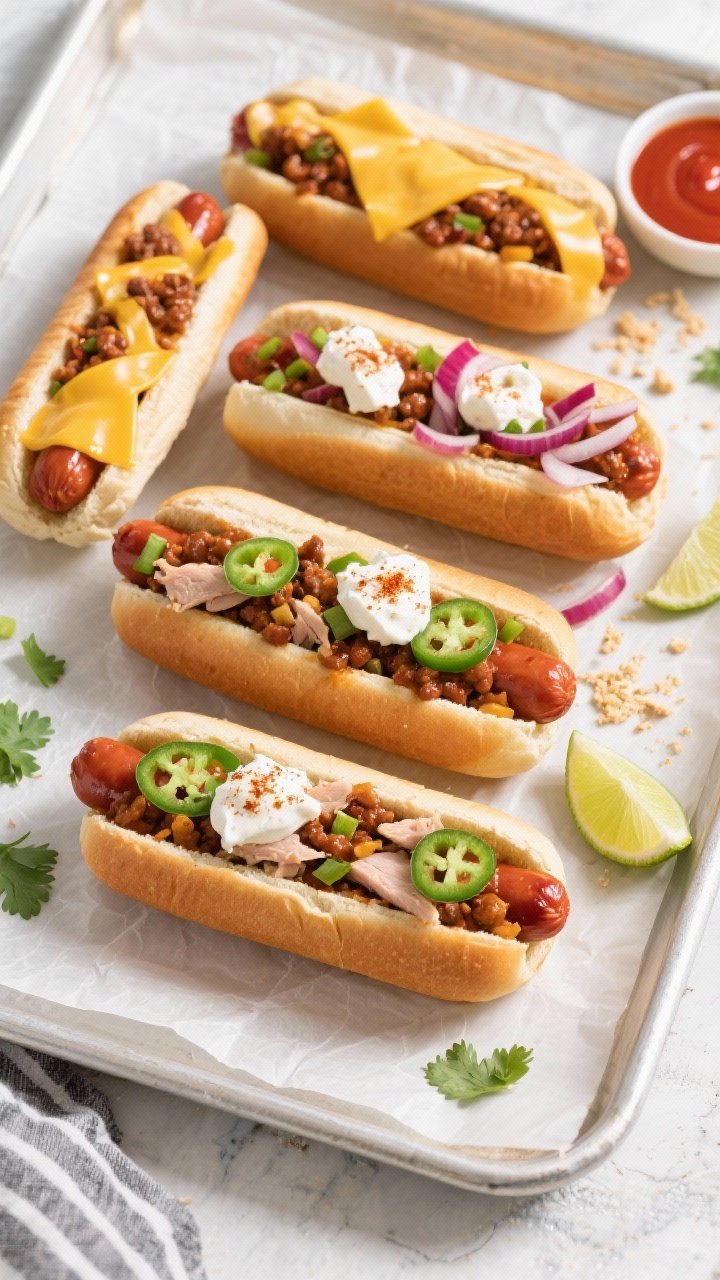 Tasty top view, overhead spread: Overhead shot of a game-day tray of assembled turkey chili dogs on 