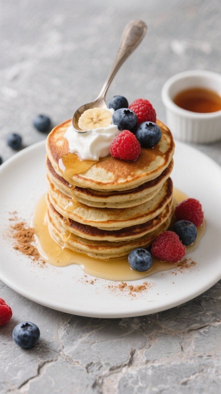 Tasty top view, overhead stack: Overhead shot of a neatly stacked tower of flourless banana pancakes