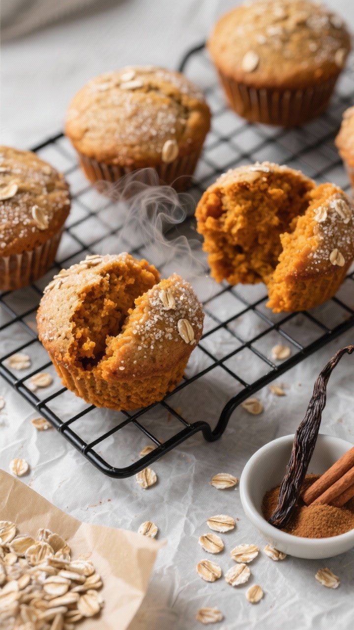 Tasty top view – post-bake cooling rack: Overhead shot of freshly baked sweet potato muffins on a 