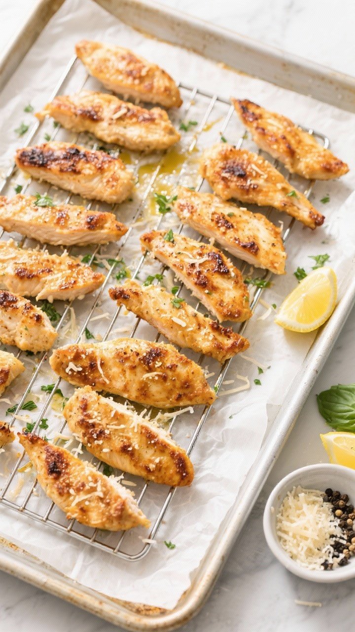 Tasty top view process shot: Overhead shot of chicken strips just out of the oven on a parchment-lin