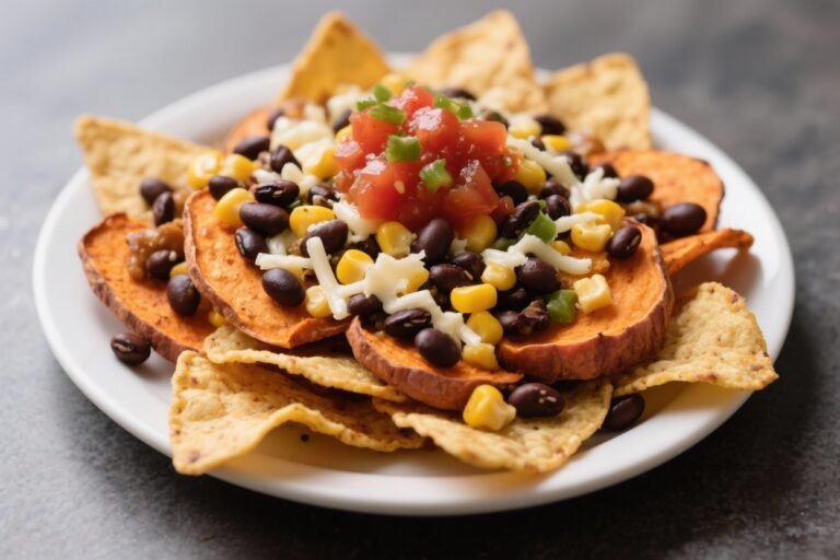 Like Nachos, But Better – Loaded Sweet Potato Nachos: Sweet Potato “Chips” + Black Beans, Corn, Cheese, and Salsa FTW