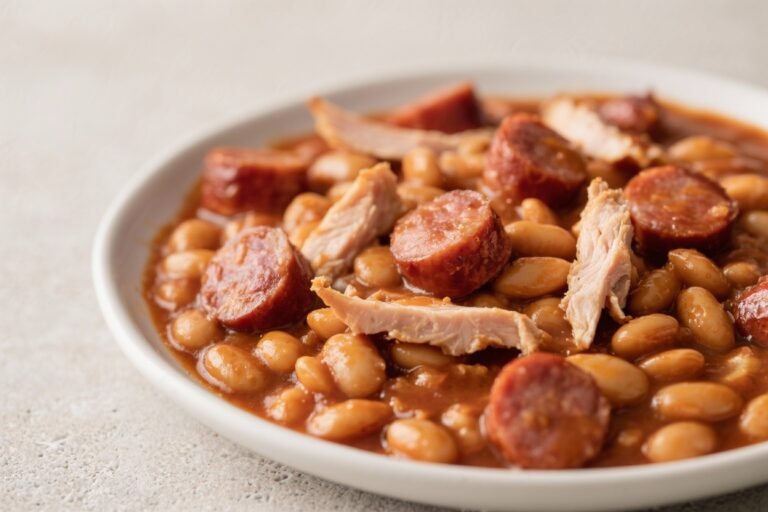 Frankfurters Who? Like Frankfurter & Beans, But Better – Healthy Baked Beans with Lean Sausage: Homemade baked beans (low sugar) with slices of lean chicken or turkey sausage
