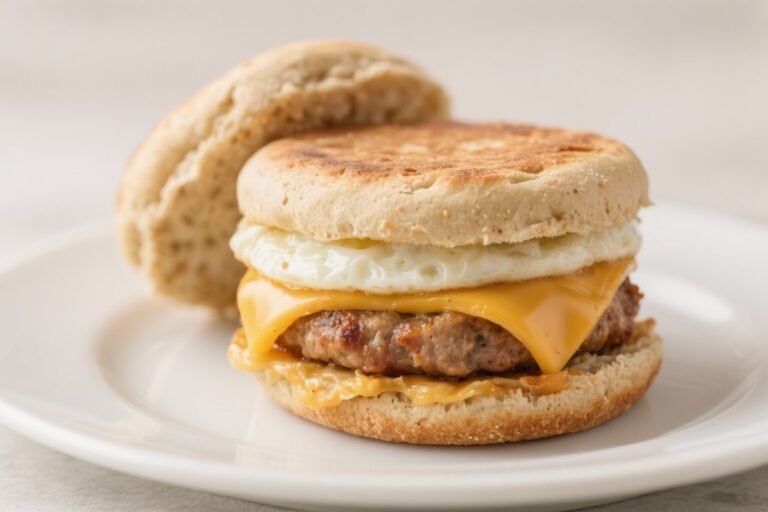 Like a Breakfast Sandwich, But Better – Sausage McMuffin Alternative (homemade & healthy): Whole-grain English muffin with lean breakfast sausage and a cheese-egg patty that actually fuels your morning