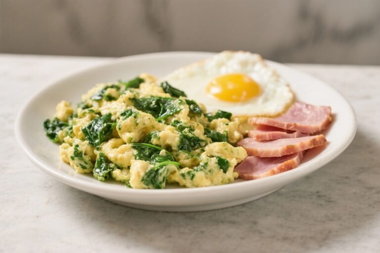 Like Dr. Seuss, But Better – “Green Eggs and Ham” Scramble: Spinach Blended Into Eggs for Bold Color, Big Iron, and Lean Ham Glory
