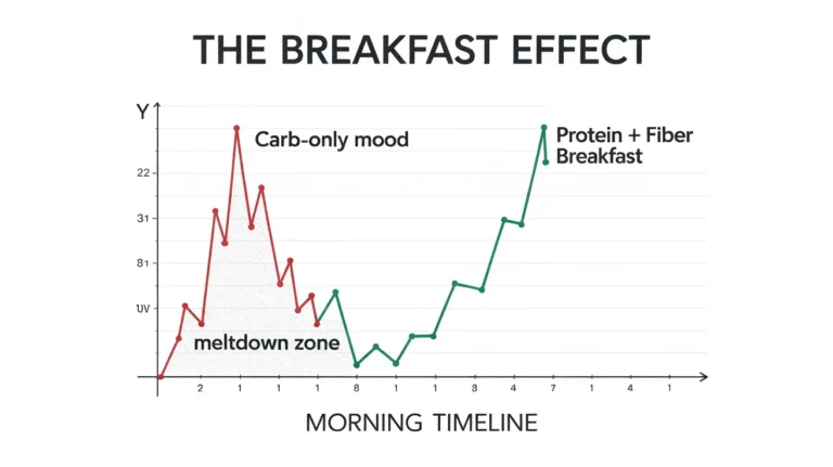 Chart comparing blood sugar spikes from sugary breakfasts versus sustained energy from high-protein breakfasts in children.