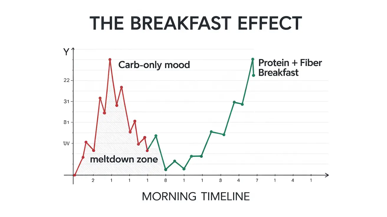 Chart comparing blood sugar spikes from sugary breakfasts versus sustained energy from high-protein breakfasts in children.
