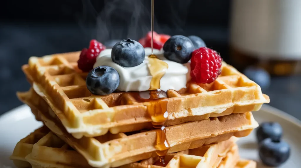 Stack of fluffy homemade protein waffles topped with fresh blueberries and Greek yogurt on a white breakfast plate.