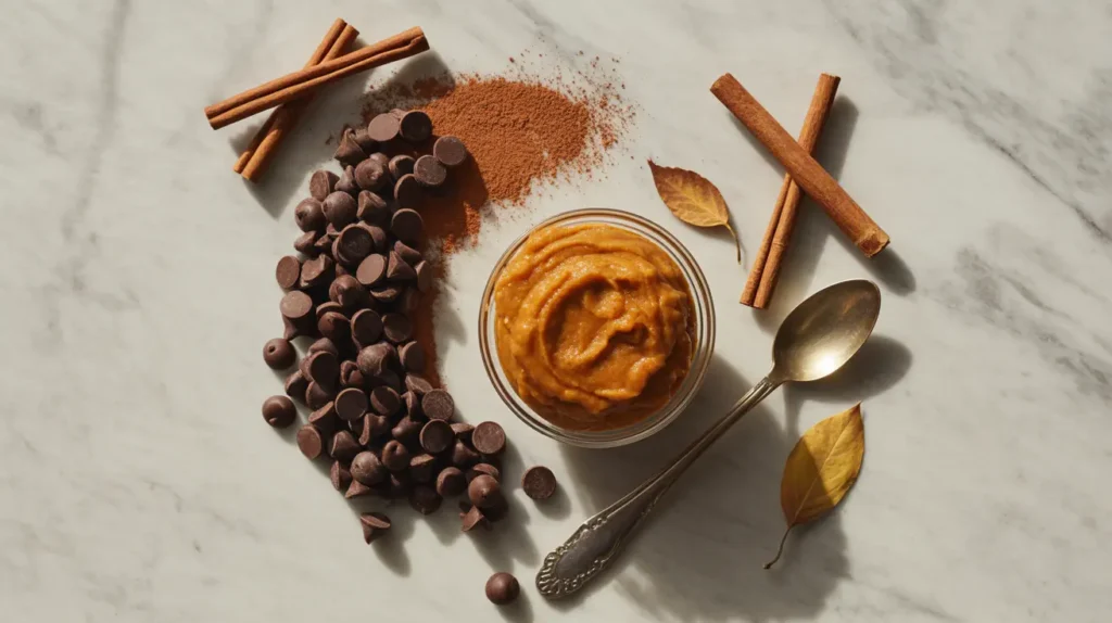 Healthy waffle mix-in ingredients including pumpkin puree, dark chocolate chips, and cinnamon sticks arranged on a counter