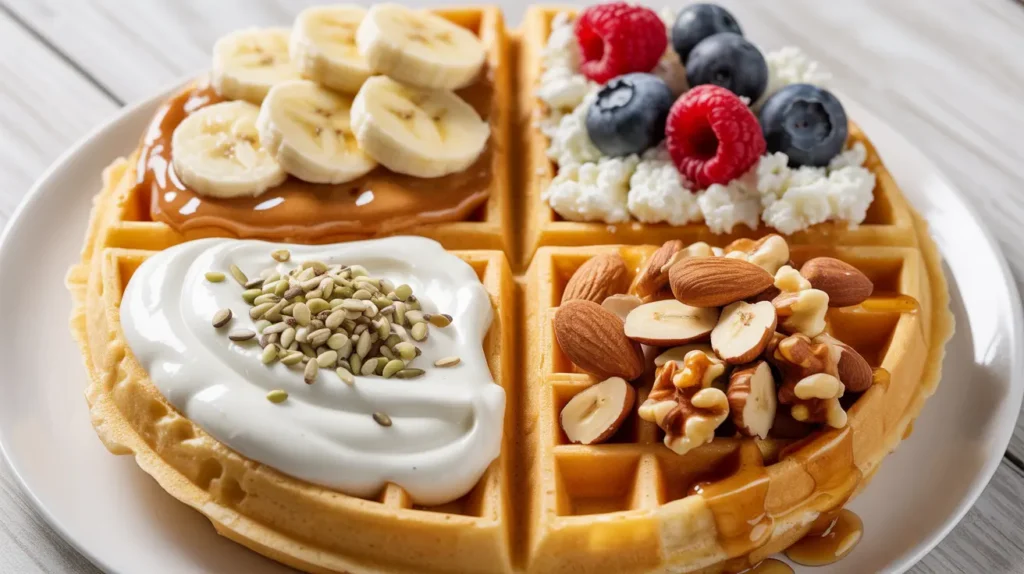 Four healthy high-protein waffle topping ideas for kids including nut butter, Greek yogurt, and fruit