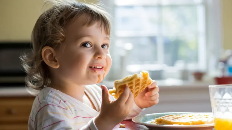 Happy child eating a whole grain protein waffle for breakfast before school