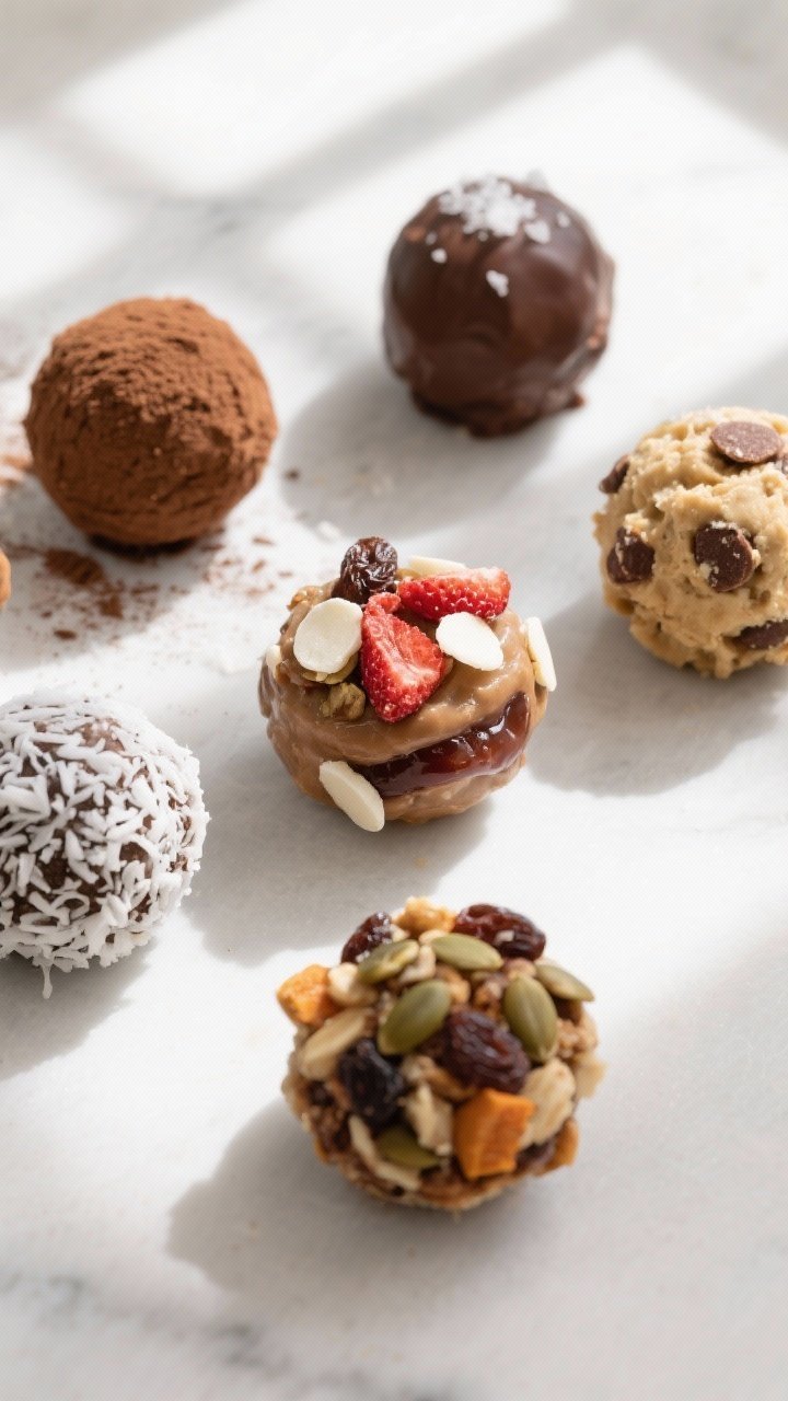 5-inch balls in progress with a few already coated in cocoa powder and coconut for contrast; overhea